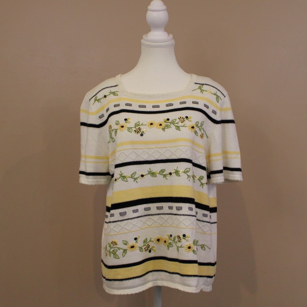 Vintage Alfred Dunner Gingham and Daisy Short Sleeve Scalloped Sweater sz S